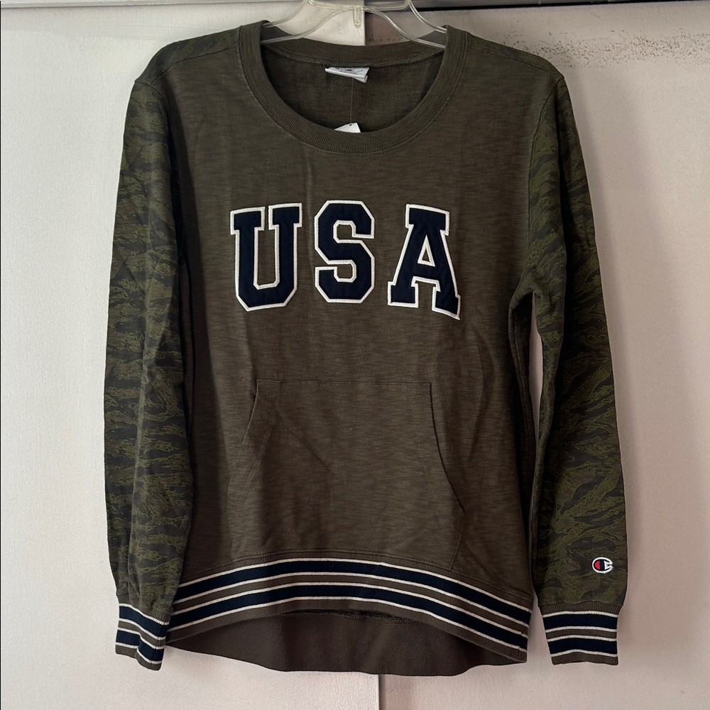 Champion Women's Khaki USA Crew Neck Lightweight Sweatshirt
